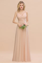 Long Spaghetti Straps V-neck A-Line Chiffon Floor Length Bridesmaid Dress With Ruffles