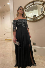 Charming Black Bateau A-line Off the Shoulder Chiffon Mother of Bride Dress