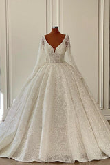 Charming V-neck Long Sleeves Ball Gown Floor Length Chapel Lace Wedding Dress