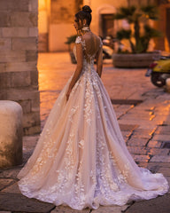 Elegant A-Line Bateau Appliques Lace Backless Floor Length Sequins Wedding Dress