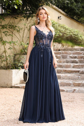 Long A-line V-neck Sleeveless Chiffon Lace Prom Dress with Appliques