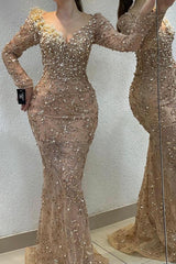 Long Sleeve Mermaid Floor Length Appliques Lace Formal Evening Dress with Beads