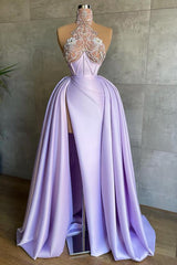Mermaid Long High Neck Split Front Floor Length Prom Dress with Beads