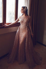 Long Sleeve Scoop Neck Mermaid Tulle Appliques Lace Formal Dress with Detachable Train