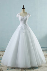 Long Ball Gown Appliques Lace Cap Sleeve Tulle Wedding Dress