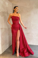 Burgundy Long Mermaid Front Slit Formal Prom Dress with Sweep Train