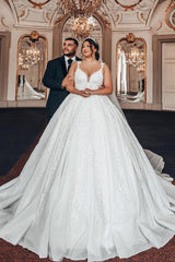Luxury Plus Size White Ball Gown Sweetheart Tulle Long Wedding Dress with Appliques Lace