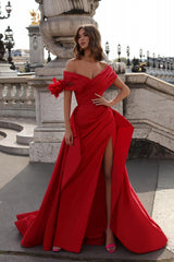 Red Mermaid Off The Shoulder V Neck Split Front Satin Long Prom Dress