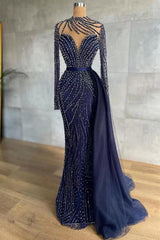 High Neck Long Sleeve Beded Floor Length Tulle Mermaid Formal Dress