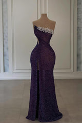Glitter Long Mermaid Strapless Sequined Formal Prom Dresses with Front Split