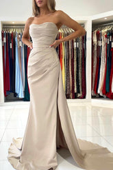 Long Mermaid Strapless Satin Prom Dress with Slit