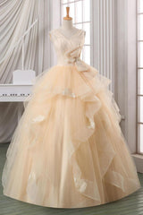 Long Layering V-Neck Applique Bowknot Ball Gown Wedding Dresses