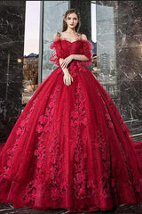 Gorgeous Off the Shoulder Spaghetti Straps Appliques Lace Prom Dress with Sleeves
