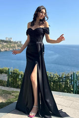 Long Mermaid Off The Shoulder Satin Black Prom Dress with Slit