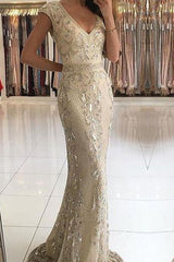 Long V-neck Wide Straps Beading Floor Length Mermaid Prom Dress