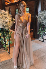 Chic Long V-neck Tulle A-line Tulle Backless Prom Dress