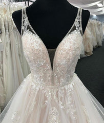 Long A-line Tulle V Neck Open Back Long Layered Wedding Dress