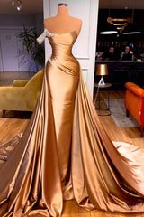 Gold Long Mermaid Satin Long Prom Dresses