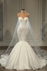 Gorgeous Long Mermaid Sweetheart Satin Lace Wedding Dresses with Appliques Beads