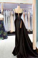 Black Long Mermaid Spaghetti Straps Satin Prom Dress with Slit