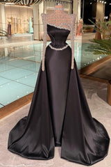 Black Long Sleeves Mermaid Satin Evening Dress with Rhinestones
