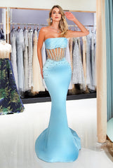 Chic Strapless Satin Long Beaded Mermaid Prom Dress