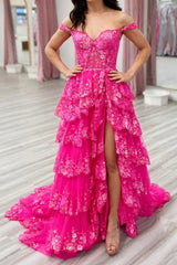 A-line Off the Shoulder Long Tulle Lace Hot Pink Prom Dress with Slit