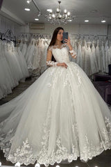 Elegant Long Appliques Lace Tulle Ball Gown Ivory Wedding Dresses with Sleeves