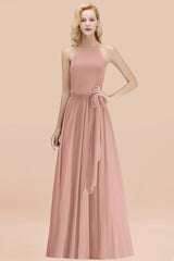 Elegant Long A-line Halter Chiffon Dusty Rose Bridesmaid Dress