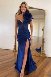 Long One Shoulder Mermaid Train Prom Dress with Slit