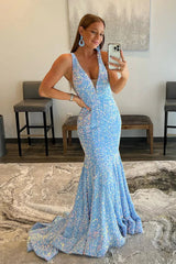 Mermaid V-neck Sequin Backless Long Baby Blue Prom Dress