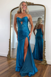 Sparkly Long Strapless Mermaid Prom Dress with Slit