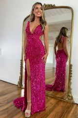Sparkly Gold V-neck Long Mermaid Sequined Corset Prom Dress