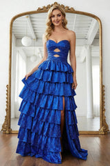 Simple Sweetheart Strapless A-line Long Prom Dress with Ruffles