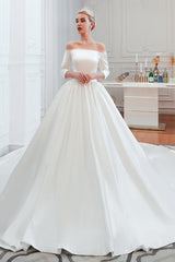 White Long Ball Gown Off Shoulder Lace-up Satin Wedding Dress with Sleeves