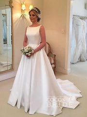 Long Satin Bateau Sleeveless A Line Open Back Wedding Dress
