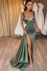 Long Mermaid Sweetheart Satin Lace Formal Prom Dresses with Slit
