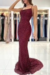 Sexy Long Mermaid Spaghetti Straps Sequined Backless Prom Dress