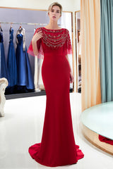 Red Long Jewel Satin Mermaid Formal Evening Dresses