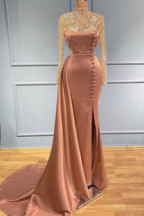Mermaid High Neck Side Slit Long Sleeves Prom Dress with Lace Appliques