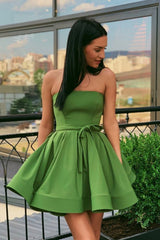 Cute Short A-line Strapless Satin Graduation Formal Prom Dresses