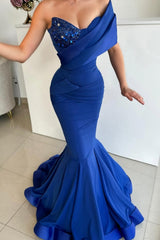 One Shoulder Royal Blue Mermaid Satin Long Formal Dress with Beads