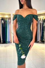 Dark Green Short Mermaid Off The Shoulder Sequined Homecoming Dress