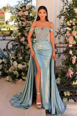 Long Sweetheart Off The Shoulder Beads Mermaid Satin Prom Dress with Slit