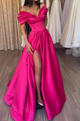 Long A-line Off the Shoulder Satin Formal Prom Dresses with Slit
