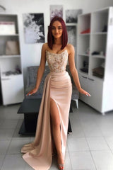 Long Mermaid Satin Lace Floor Length Prom Dress with High Split