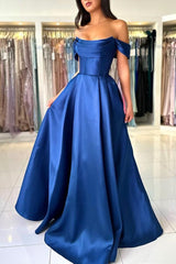 Long A-line Off The Shoulder Open Back Satin Floor Length Prom Dress