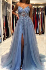 Long A-line V-neck Spaghetti Straps Open Back Prom Dress with Slit