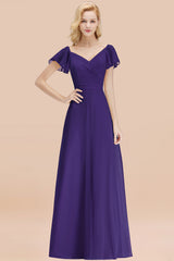 Elegant V Neck Short Sleeves Chiffon A-line Long Regency Bridesmaid Dress