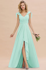 Simple High Low A-line V-Neck Ruffles Chiffon Mint Green Bridesmaid Dress